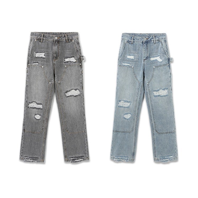 2023 American High Street Retro Japanese Okayama Island High Ounce Washed Destroyed Double Knee Logging Overalls - Image 2