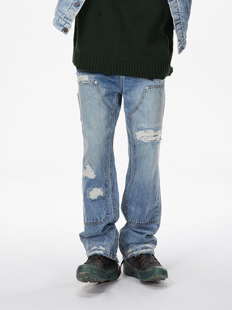 2023 American High Street Retro Japanese Okayama Island High Ounce Washed Destroyed Double Knee Logging Overalls - Image 1