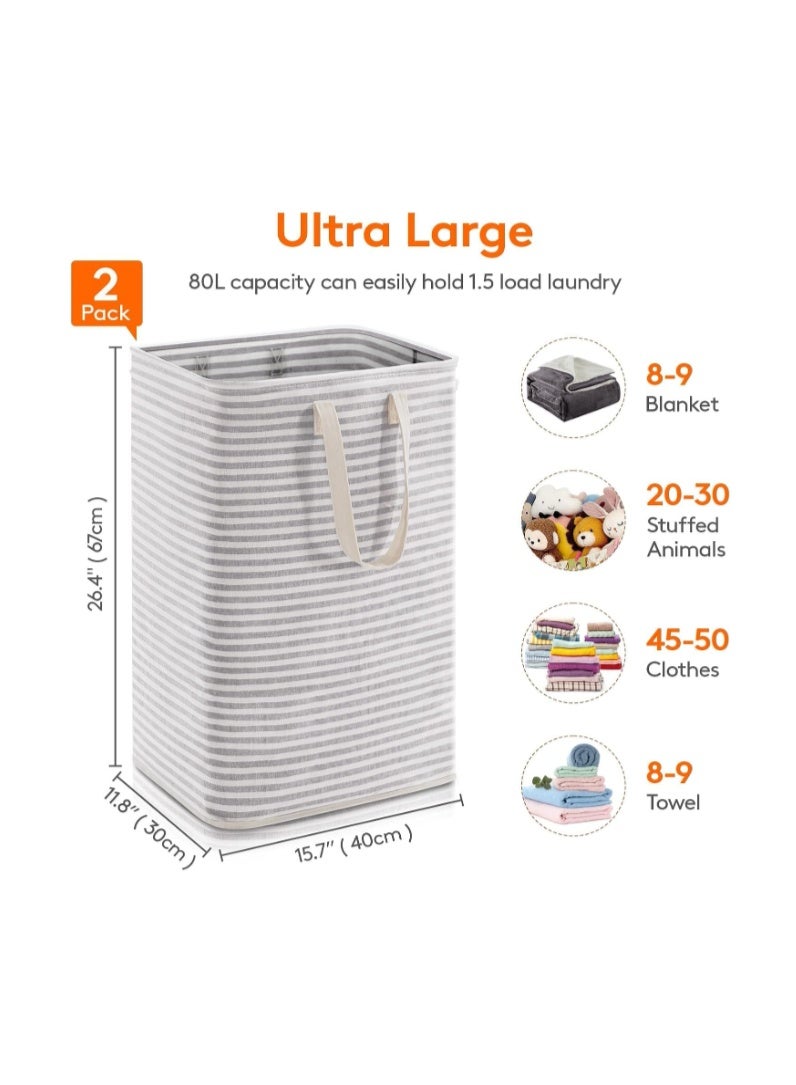 Purfex 2-Pack Laundry Basket 80L, Waterproof, Freestanding Large Laundry Hamper, Collapsible Tall with Easy Carry Handles for Clothes Room Bedroom Bathroom Dorm - (Grey) - Image 3