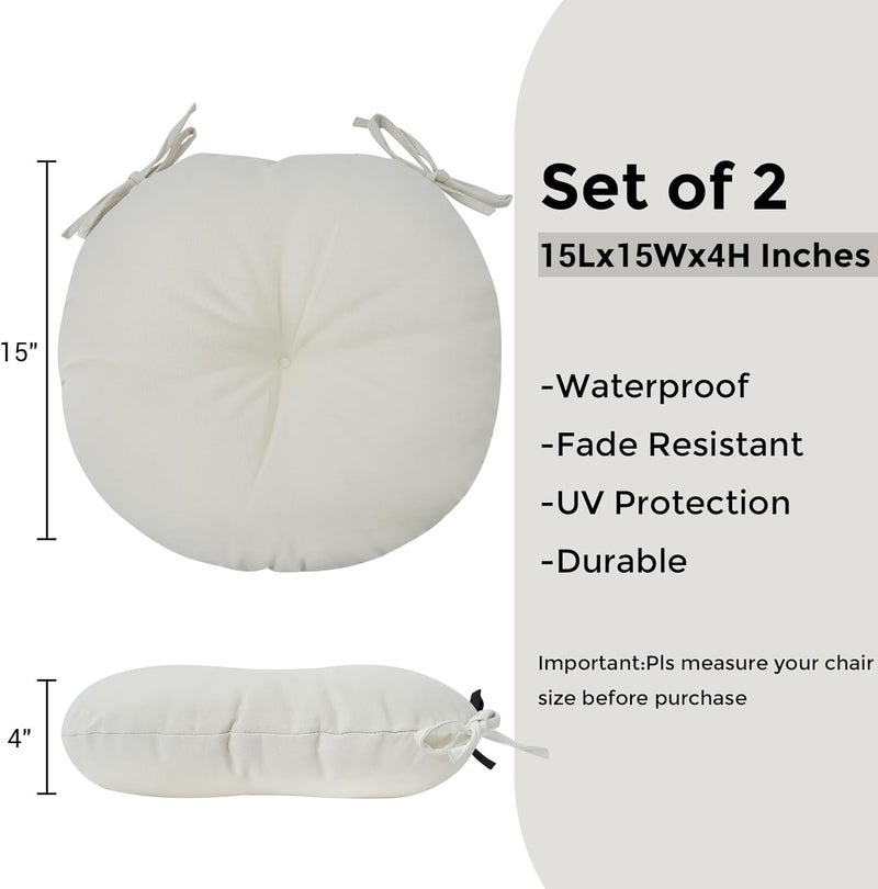 FUNHOME Bistro Chair Cushions 15 inch,Set of 2,Tufted Round Chair Cushions with Ties,15"x15"x4",Water Resistant Round Seat Cushion for Barstool Chairs,Patio Garden Kitchen Outdoor Furniture(Cream White) - Image 2