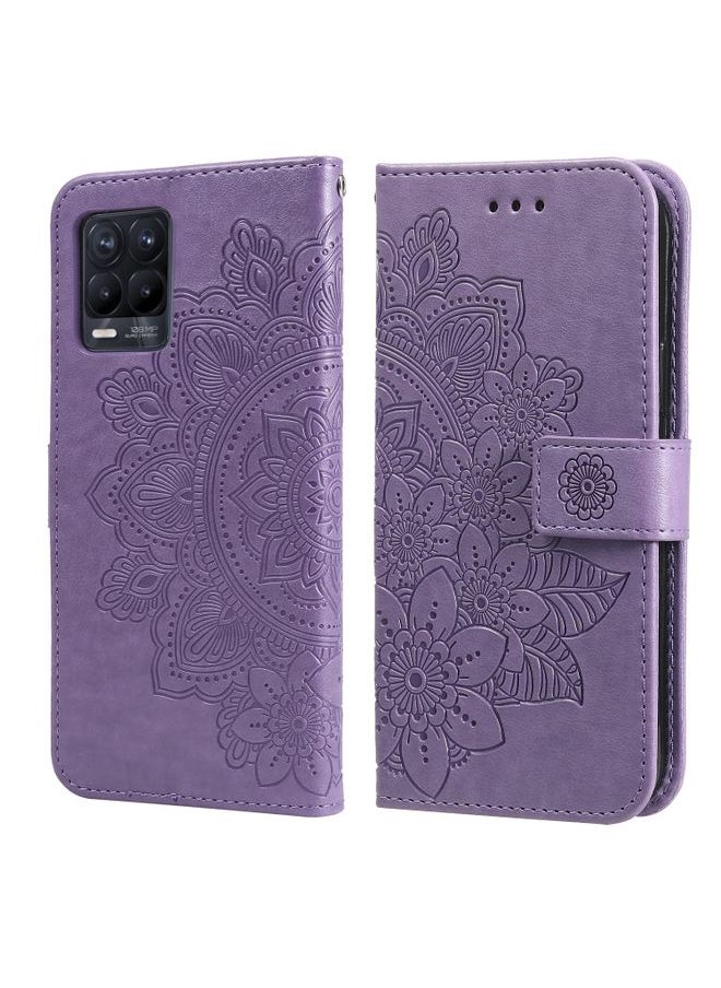 HuHa Case Cover For Realme 8 / Realme 8 Pro 7-petal Flowers Embossing Pattern Horizontal Flip PU Leather Case with Holder & Card Slots & Wallet & Photo Frame Light Purple 