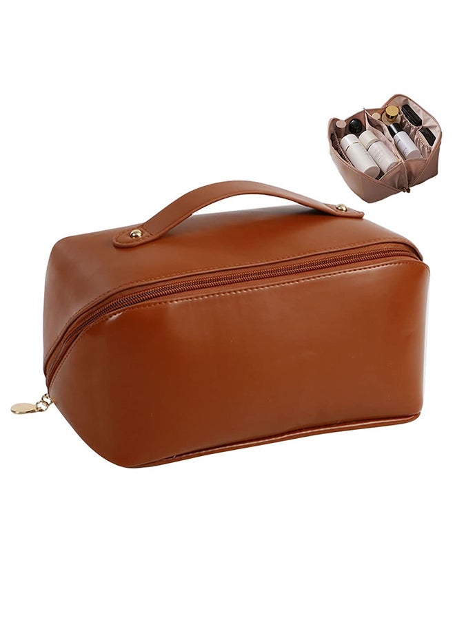 O Ozone حقيبة تجميل سفر بسعة كبيرة حقائب تجميل للنساء حقيبة تخزين متعددة الوظائف حقيبة مكياج جلد PU حقائب مستحضرات التجميل - بني - Image 1