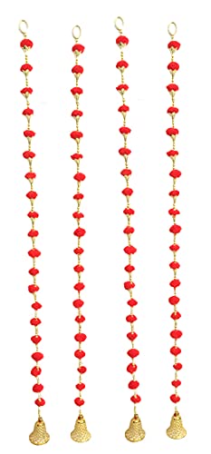 Aahum Handmade Wall Door Red Color Pom Pom String with Golden Beads,Triangle Flowers Hanging Torans Garland Bandhwar Decoration Item for Home Décor Diwali Festival,Navratri,Wedding (3 FT 4 Strings) - Image 1