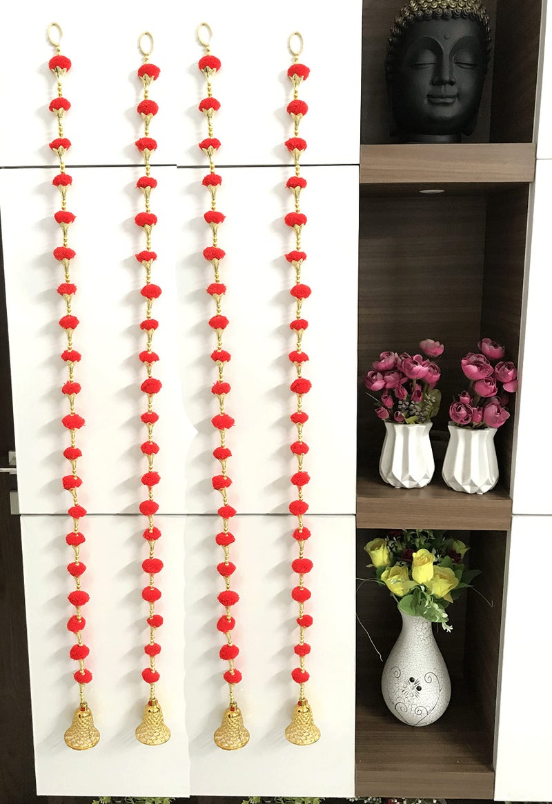 Aahum Handmade Wall Door Red Color Pom Pom String with Golden Beads,Triangle Flowers Hanging Torans Garland Bandhwar Decoration Item for Home Décor Diwali Festival,Navratri,Wedding (3 FT 4 Strings) - Image 2