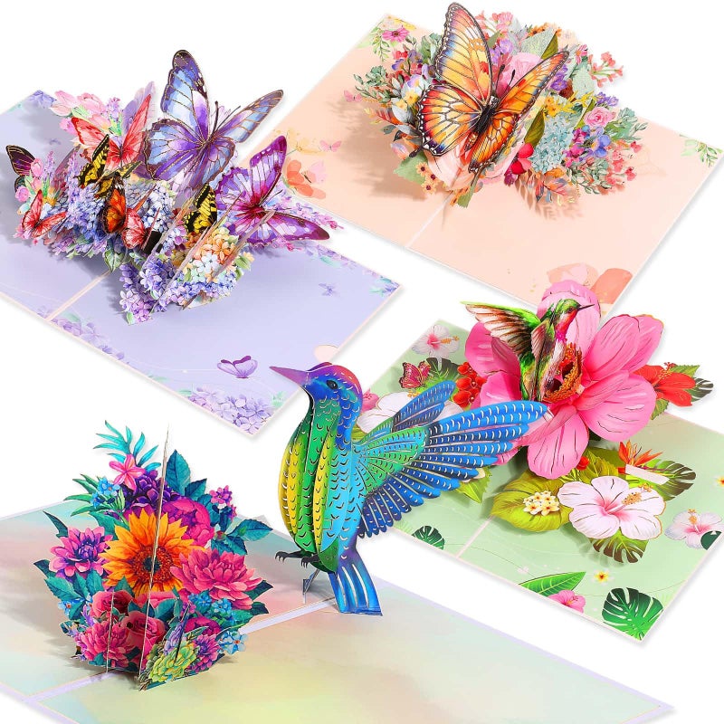 Tidponra 4 Pack Butterfly Flower Pop Up Cards, Hummingbird Birthday Card 3D Greeting Cards for Mother's Day, Graduation, Anniversary, Thinking of You, Get Well, Home Decor, with Envelope and Note - Image 1