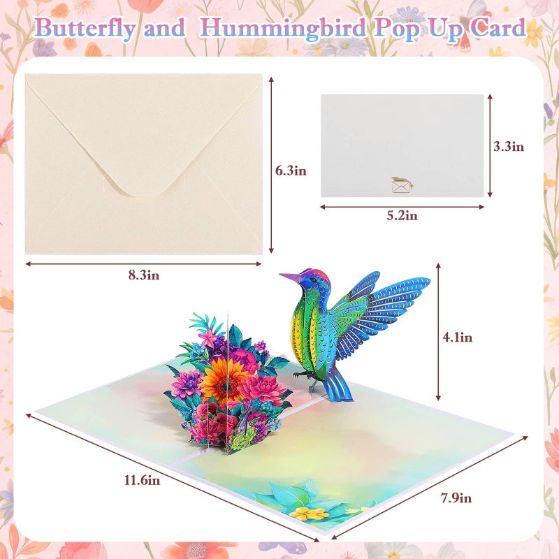 Tidponra 4 Pack Butterfly Flower Pop Up Cards, Hummingbird Birthday Card 3D Greeting Cards for Mother's Day, Graduation, Anniversary, Thinking of You, Get Well, Home Decor, with Envelope and Note - Image 4