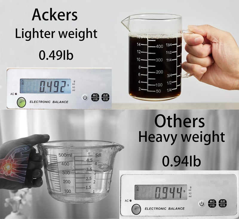 Ackers BORO3.3 Ackers Mirror Etching Scale Glass Measuring Cup-[Insulated handle | V-Shaped Spout]-Made of High Borosilicate Glass Measuring Cup for Kitchen or Restaurant, Easy to Read, 500 ML (16 Oz, 2 Cup) - Image 5