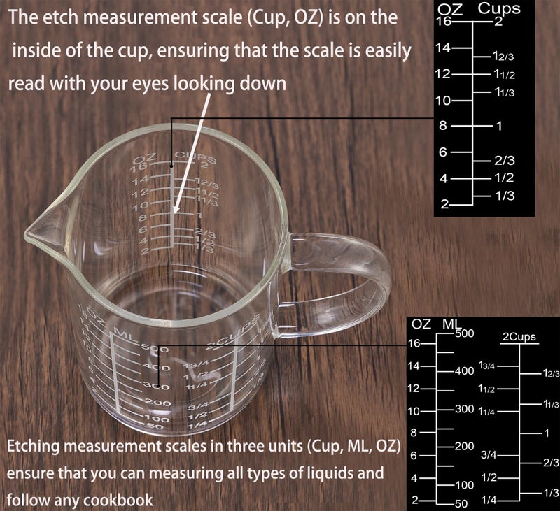 Ackers BORO3.3 Ackers Mirror Etching Scale Glass Measuring Cup-[Insulated handle | V-Shaped Spout]-Made of High Borosilicate Glass Measuring Cup for Kitchen or Restaurant, Easy to Read, 500 ML (16 Oz, 2 Cup) - Image 3