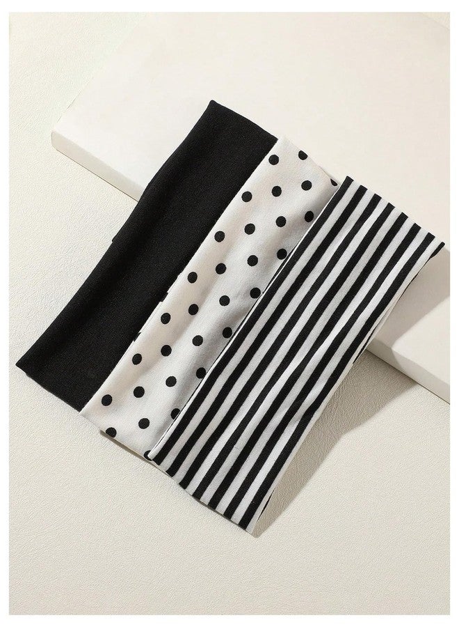 WDIRARA Women's 3 Pack Headbands Striped Polka Dots Headband Non Slip Elastic Hairbands Black and White One-Size - Image 2