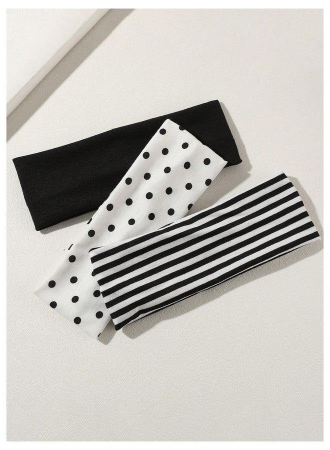 WDIRARA Women's 3 Pack Headbands Striped Polka Dots Headband Non Slip Elastic Hairbands Black and White One-Size - Image 3