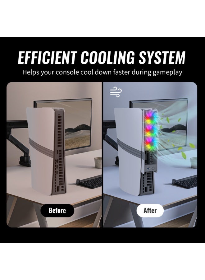 جاي واي إس مروحة تبريد متوافقة مع PS5 Pro / Slim - نظام تحكم ذكي في الحرارة، مروحة خلفية توربينية بإضاءة RGB، ثلاث سرعات قابلة للتعديل، مناسبة للإصدار الرقمي وإصدار الأقراص (رمادي وأسود) - Image 3
