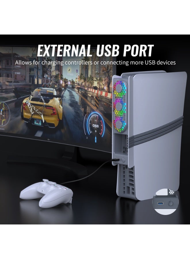 جاي واي إس مروحة تبريد متوافقة مع PS5 Pro / Slim - نظام تحكم ذكي في الحرارة، مروحة خلفية توربينية بإضاءة RGB، ثلاث سرعات قابلة للتعديل، مناسبة للإصدار الرقمي وإصدار الأقراص (رمادي وأسود) - Image 5