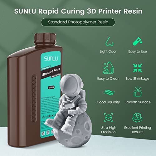 SUNLU 3D Printer Resin 1kg, Fast Curing Standard 3D Resin for LCD DLP SLA 3D Printers, 395 to 405nm UV Curing 3D Printing Liquid Photopolymer Resin, Low Shrinkage, High Precision, 1000g, Dark Grey - Image 2