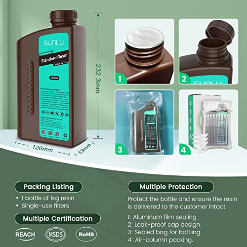 SUNLU 3D Printer Resin 1kg, Fast Curing Standard 3D Resin for LCD DLP SLA 3D Printers, 395 to 405nm UV Curing 3D Printing Liquid Photopolymer Resin, Low Shrinkage, High Precision, 1000g, Dark Grey - Image 5