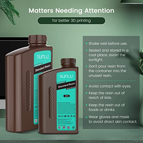 SUNLU 3D Printer Resin 1kg, Fast Curing Standard 3D Resin for LCD DLP SLA 3D Printers, 395 to 405nm UV Curing 3D Printing Liquid Photopolymer Resin, Low Shrinkage, High Precision, 1000g, Dark Grey - Image 4