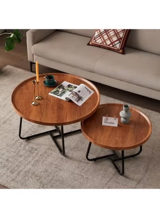 كريست جي طقم طاولات قهوة دائرية متداخلة – تصميم عصري بسطح خشبي وقاعدة معدنية متينة"80*80*46 + 60*60*39" - Image 1