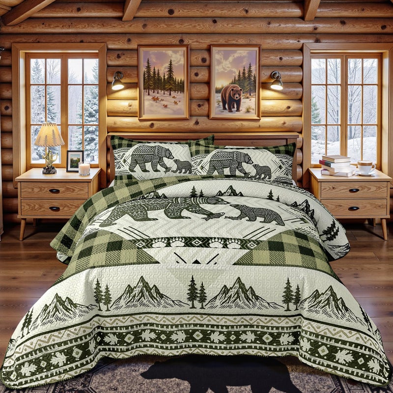 Tritard 3 Piece Cabin Full/Queen Quilt Sets Farmhouse Rustic Reversible Microfiber Soft Lightweight Bedspread Comforter with 2 Shams Patchwork Country Lodge Bedding Quilts Set for All Season, 90''x96'', Green - Image 2