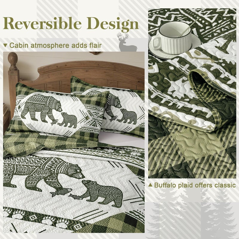 Tritard 3 Piece Cabin Full/Queen Quilt Sets Farmhouse Rustic Reversible Microfiber Soft Lightweight Bedspread Comforter with 2 Shams Patchwork Country Lodge Bedding Quilts Set for All Season, 90''x96'', Green - Image 5