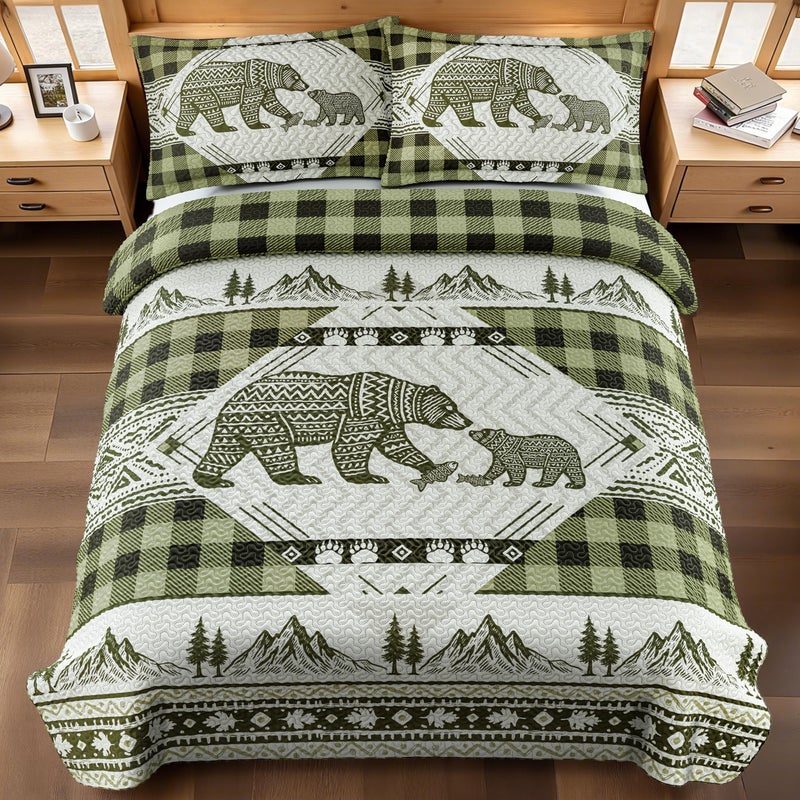Tritard 3 Piece Cabin Full/Queen Quilt Sets Farmhouse Rustic Reversible Microfiber Soft Lightweight Bedspread Comforter with 2 Shams Patchwork Country Lodge Bedding Quilts Set for All Season, 90''x96'', Green - Image 1