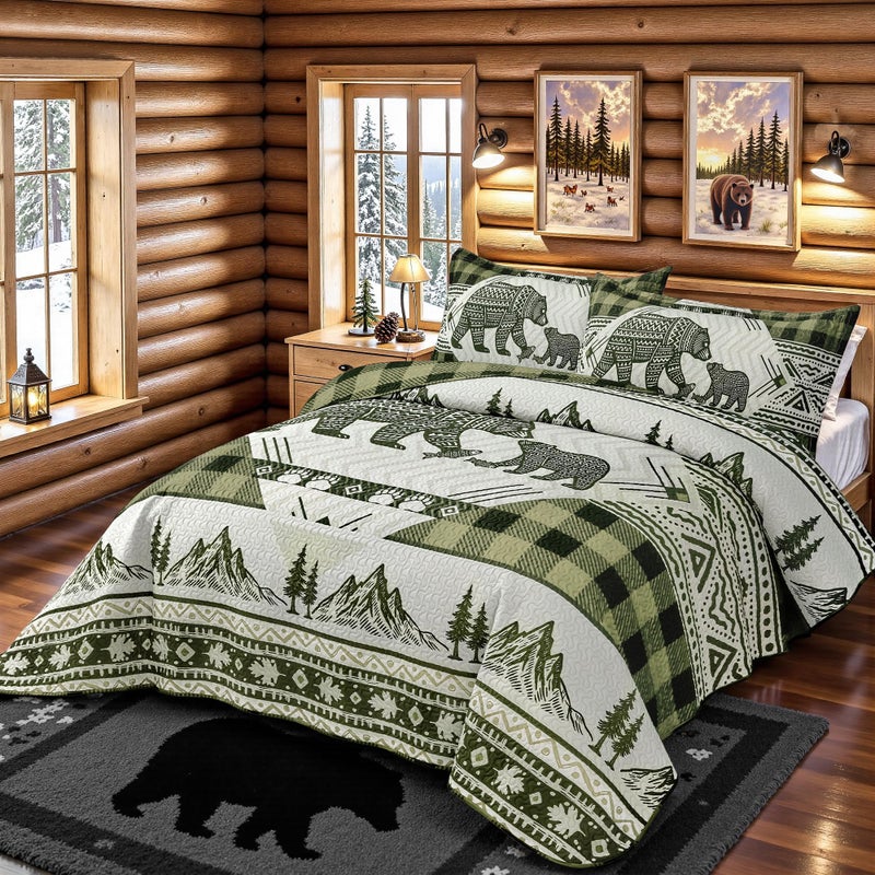 Tritard 3 Piece Cabin Full/Queen Quilt Sets Farmhouse Rustic Reversible Microfiber Soft Lightweight Bedspread Comforter with 2 Shams Patchwork Country Lodge Bedding Quilts Set for All Season, 90''x96'', Green - Image 3