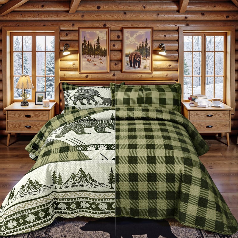 Tritard 3 Piece Cabin Full/Queen Quilt Sets Farmhouse Rustic Reversible Microfiber Soft Lightweight Bedspread Comforter with 2 Shams Patchwork Country Lodge Bedding Quilts Set for All Season, 90''x96'', Green - Image 4