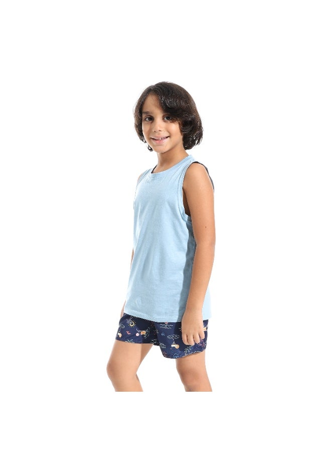 Andora Printed Boys Swimsuit with Elastic Waist - Blue_Multicolour - Image 2