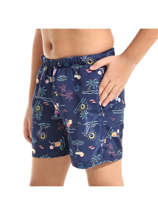 Andora Printed Boys Swimsuit with Elastic Waist - Blue_Multicolour - Image 4