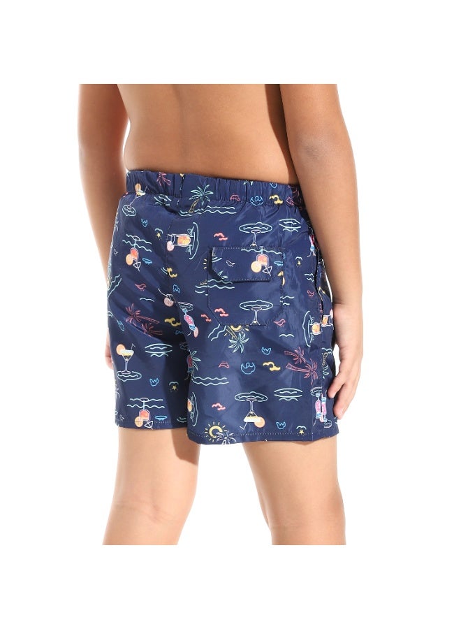 Andora Printed Boys Swimsuit with Elastic Waist - Blue_Multicolour - Image 3