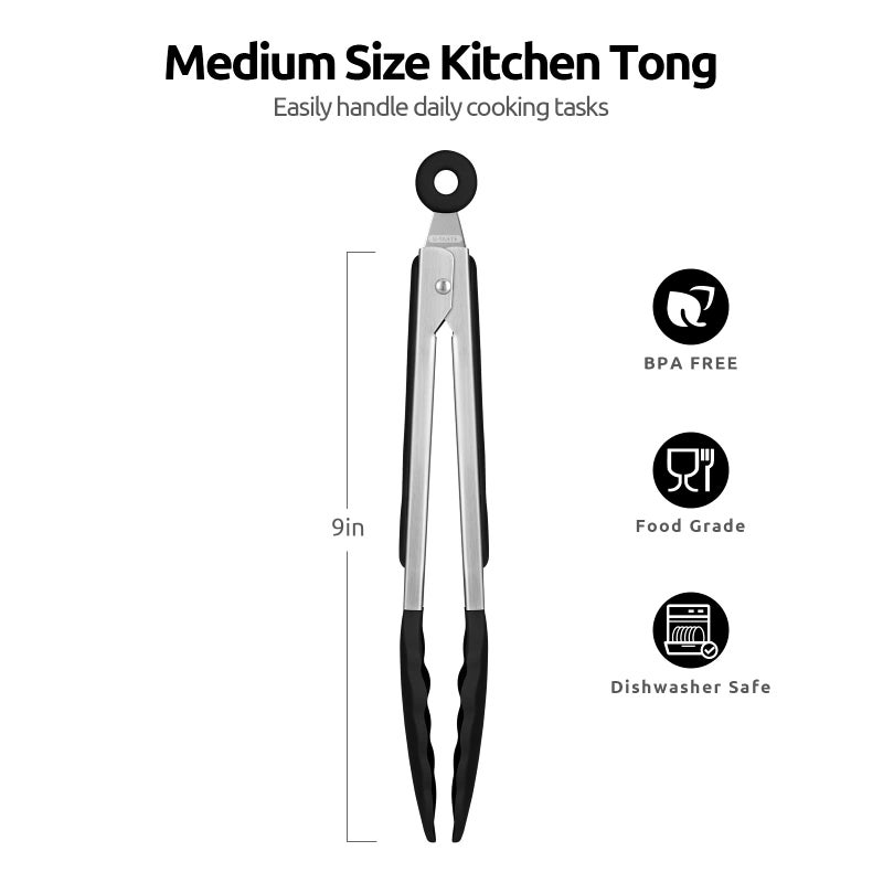 U-Taste 600ÂºF Heat Resistant Kitchen Tongs: U-Taste 9 inch Silicone Cooking Tong with Firm Sealed Non Stick Rubber Tips & Silicon Coated 18/8 Stainless Steel Handle & Smooth Locking for Serving Salad (Black) - Image 2
