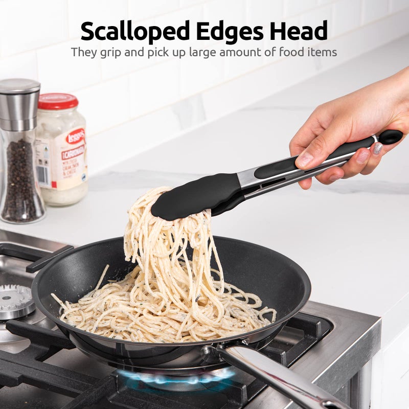 U-Taste 600ÂºF Heat Resistant Kitchen Tongs: U-Taste 9 inch Silicone Cooking Tong with Firm Sealed Non Stick Rubber Tips & Silicon Coated 18/8 Stainless Steel Handle & Smooth Locking for Serving Salad (Black) - Image 4
