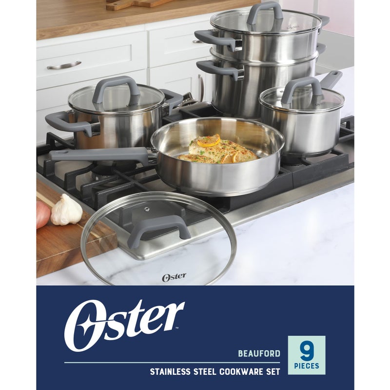 Oster Beauford 9-Piece Stainless Steel 5-Ply Encapsulated Base Cookware Set â€“ Non-Toxic, Induction Compatible Pots and Pans with Stay-Cool Handles â€“ Dishwasher Safe - Image 2