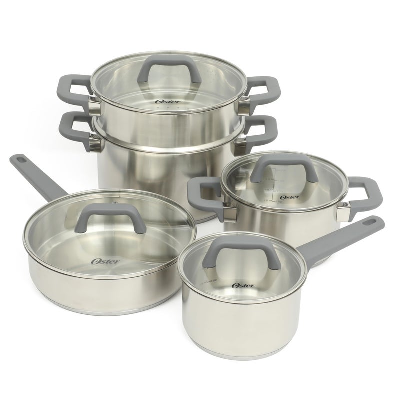 Oster Beauford 9-Piece Stainless Steel 5-Ply Encapsulated Base Cookware Set â€“ Non-Toxic, Induction Compatible Pots and Pans with Stay-Cool Handles â€“ Dishwasher Safe - Image 1