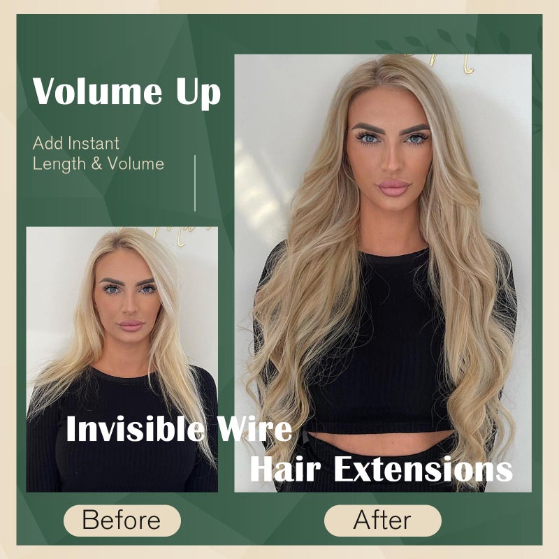 Ugeat Blonde Wire Hair Extensions Real Human Hair Invisible Hair Extensions Straight Dark Ash Blonde Highlights Golden Blonde Remy Wire Extensions Human Hair 14 Inch 70g - Image 5
