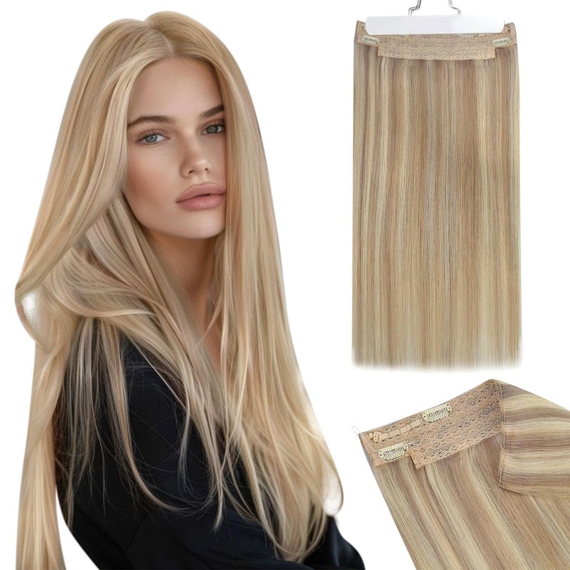 Ugeat Blonde Wire Hair Extensions Real Human Hair Invisible Hair Extensions Straight Dark Ash Blonde Highlights Golden Blonde Remy Wire Extensions Human Hair 14 Inch 70g - Image 1