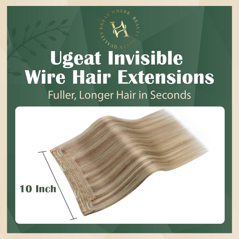 Ugeat Blonde Wire Hair Extensions Real Human Hair Invisible Hair Extensions Straight Dark Ash Blonde Highlights Golden Blonde Remy Wire Extensions Human Hair 14 Inch 70g - Image 2