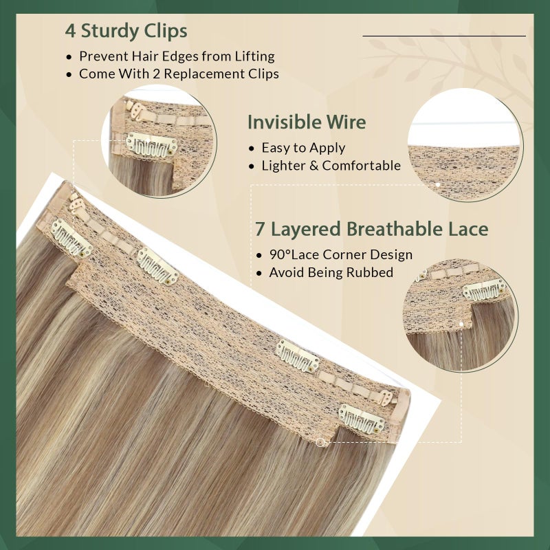 Ugeat Blonde Wire Hair Extensions Real Human Hair Invisible Hair Extensions Straight Dark Ash Blonde Highlights Golden Blonde Remy Wire Extensions Human Hair 14 Inch 70g - Image 3