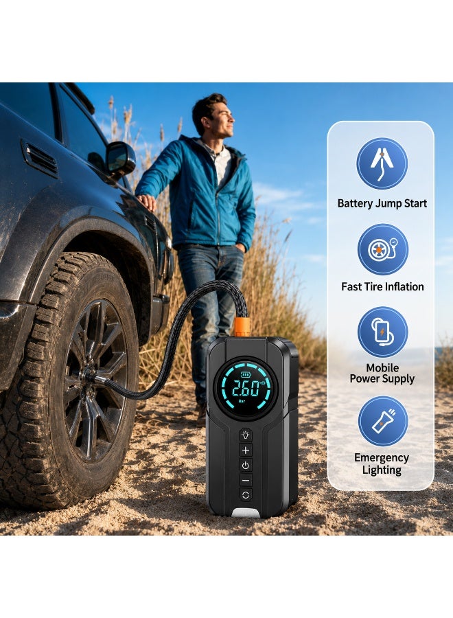 جهاز تشغيل سيارة محمول مع كمبروسر هواء، شاشة رقمية LCD، منفاخ إطارات، كشاف LED، شحن سريع USB-C – جهاز إسعاف طوارئ للسيارة - Image 5