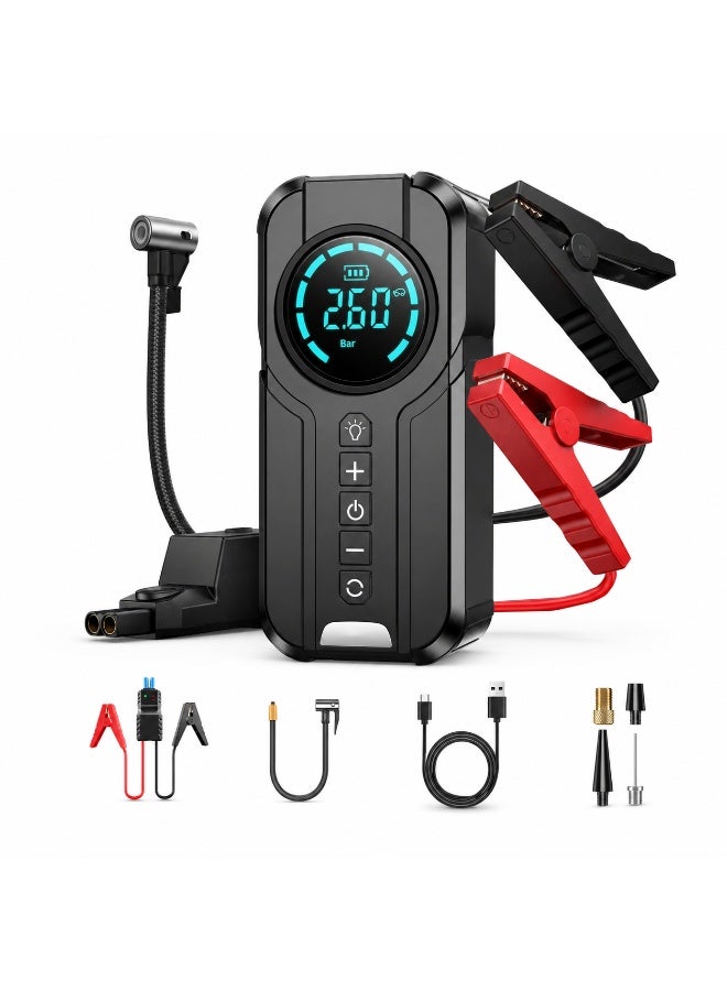 جهاز تشغيل سيارة محمول مع كمبروسر هواء، شاشة رقمية LCD، منفاخ إطارات، كشاف LED، شحن سريع USB-C – جهاز إسعاف طوارئ للسيارة - Image 1