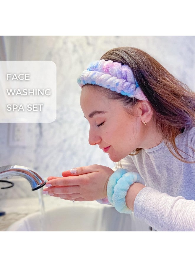 إسكدنيا Puffy Spa Headband And Wristbands For Face Washing Fuzzy Skincare Headbands For Women Soft Makeup Skin Care Hair Accessories For Girls Bubble Make Up Sleepover Supplies (Rainbow Tie Dye) - Image 3