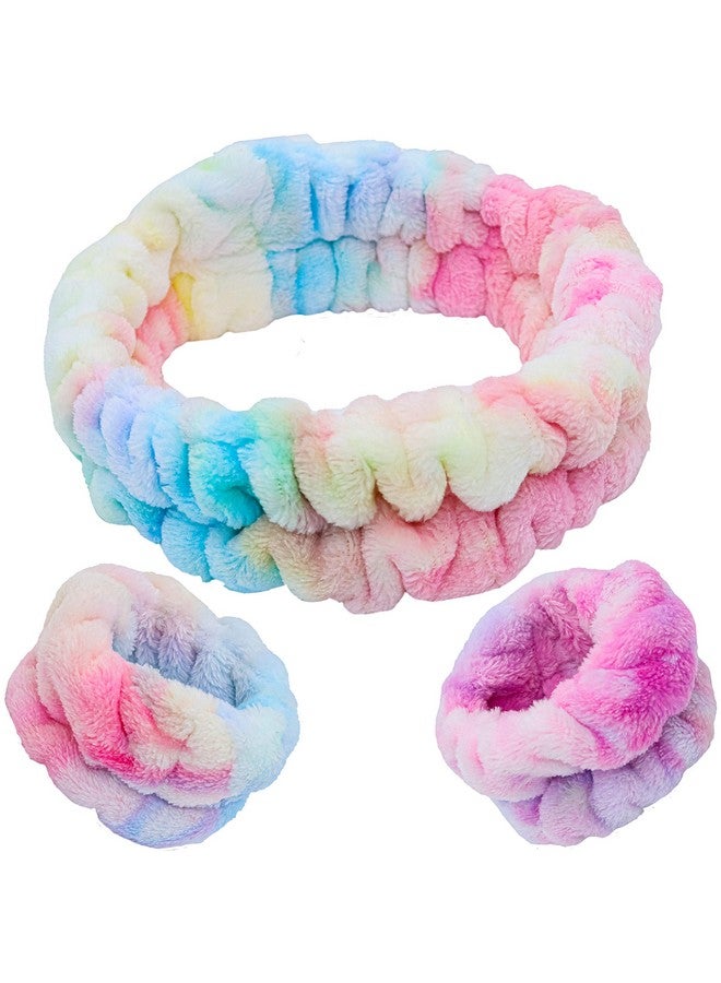 إسكدنيا Puffy Spa Headband And Wristbands For Face Washing Fuzzy Skincare Headbands For Women Soft Makeup Skin Care Hair Accessories For Girls Bubble Make Up Sleepover Supplies (Rainbow Tie Dye) - Image 2