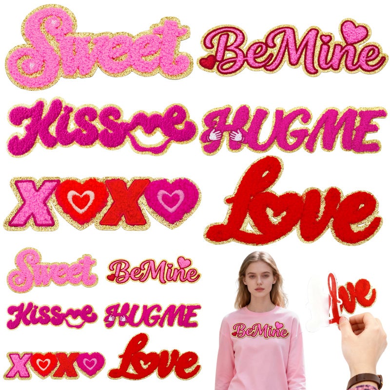 FOGWOWO 12 Pcs Valentines Patches Self Adhesive for Clothes Valentine's Day Love Patches Stick on Chenille Embroidered HUGME BeMine Sweet and Kissme Stickers for T-Shirt Jacket Hat Holiday Wedding Decor - Image 1