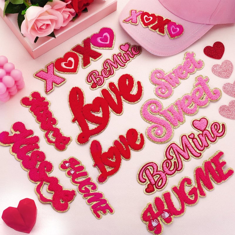 FOGWOWO 12 Pcs Valentines Patches Self Adhesive for Clothes Valentine's Day Love Patches Stick on Chenille Embroidered HUGME BeMine Sweet and Kissme Stickers for T-Shirt Jacket Hat Holiday Wedding Decor - Image 2