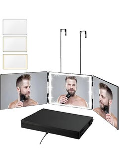 3 Way Mirror with Led Lights,360° Hair Cutting Mirror Makeup Mirror Barber Mirror Tri-fold Mirror with Height Telescoping Hooks for Self Styling Wall-Mounted Shaving Mirror(Black)