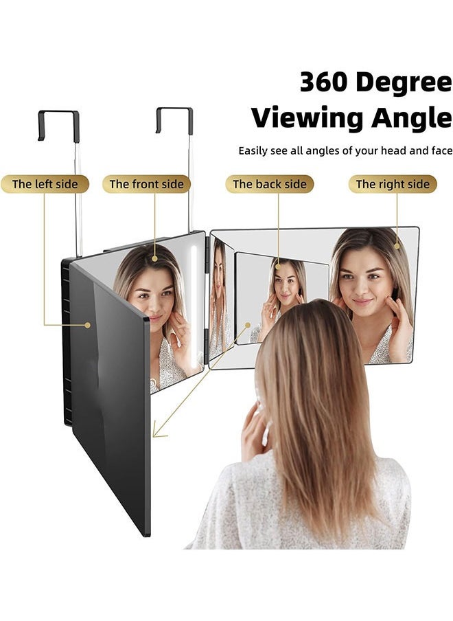 Golden - 3 Way Mirror with Led Lights,360° Hair Cutting Mirror Makeup Mirror Barber Mirror Tri-fold Mirror with Height Telescoping Hooks for Self Styling Wall-Mounted Shaving Mirror(Black) - Image 1