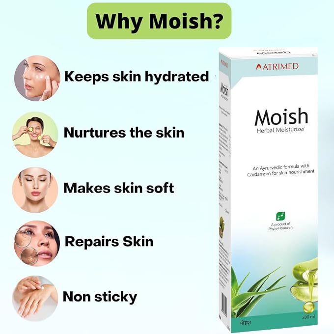 Atrimed Ayurvedic Moish Herbal Moisturizer Cream | Herbal Moisture for All Skin Types | With Aloe Vera, Cardamom & Yashti | 200 ml (Pack of 3) - Image 3