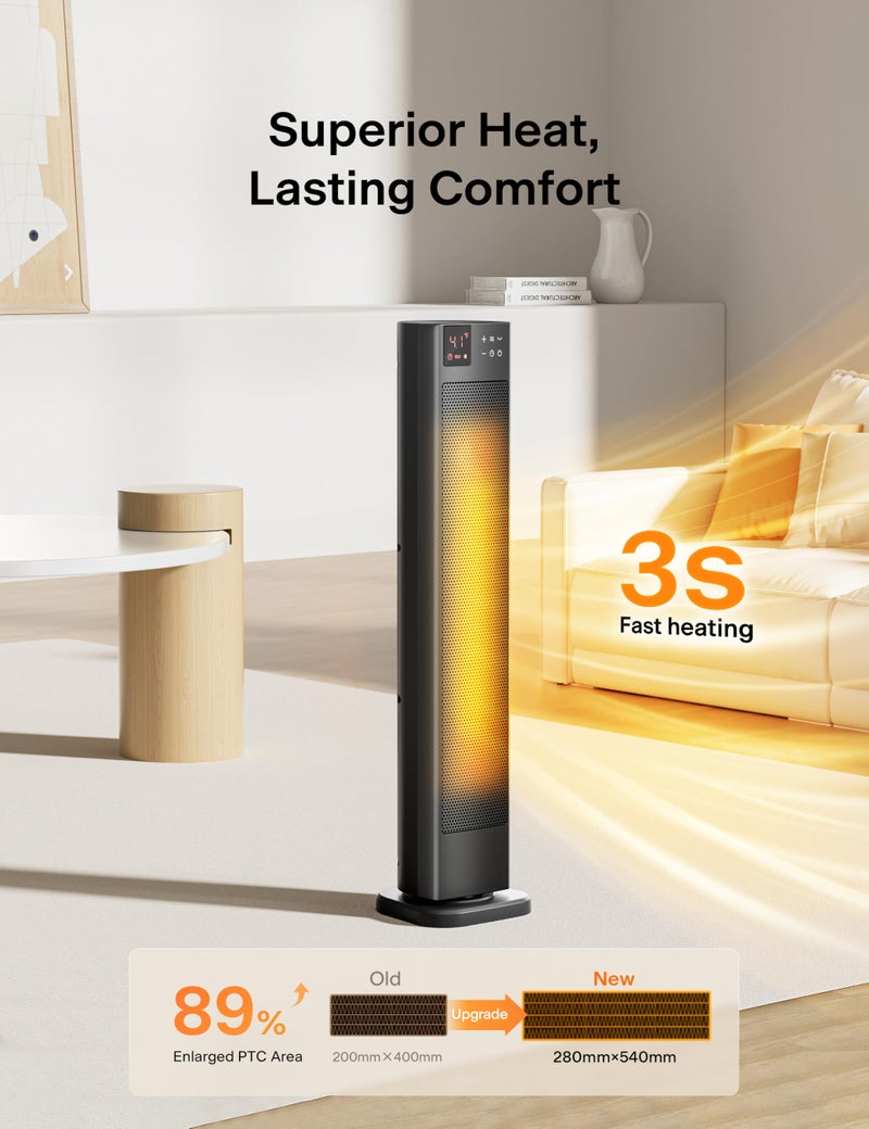 PELONIS 30â€ Ceramic Tower Space Heater with Adjustable Thermostat for Large Room, 75Â° Oscillation, Remote Control & 12H Timer, Tip-Over Switch & Overheating Protection, 1500W, PHF15RSAPH30, Black - Image 2