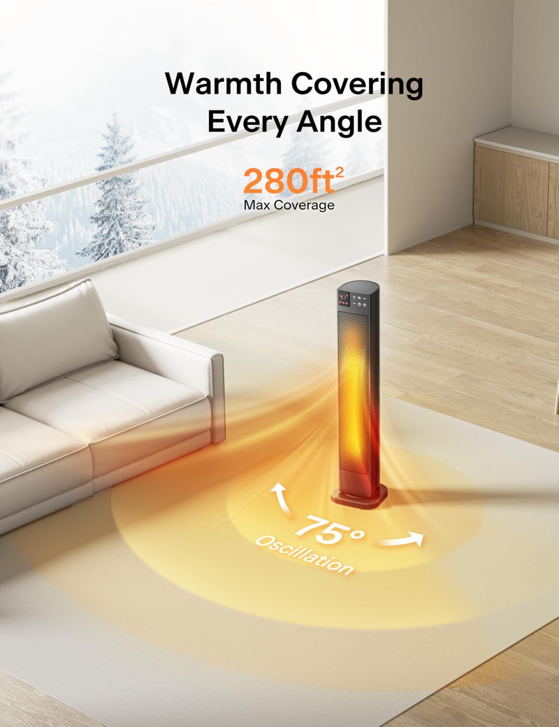 PELONIS 30â€ Ceramic Tower Space Heater with Adjustable Thermostat for Large Room, 75Â° Oscillation, Remote Control & 12H Timer, Tip-Over Switch & Overheating Protection, 1500W, PHF15RSAPH30, Black - Image 5