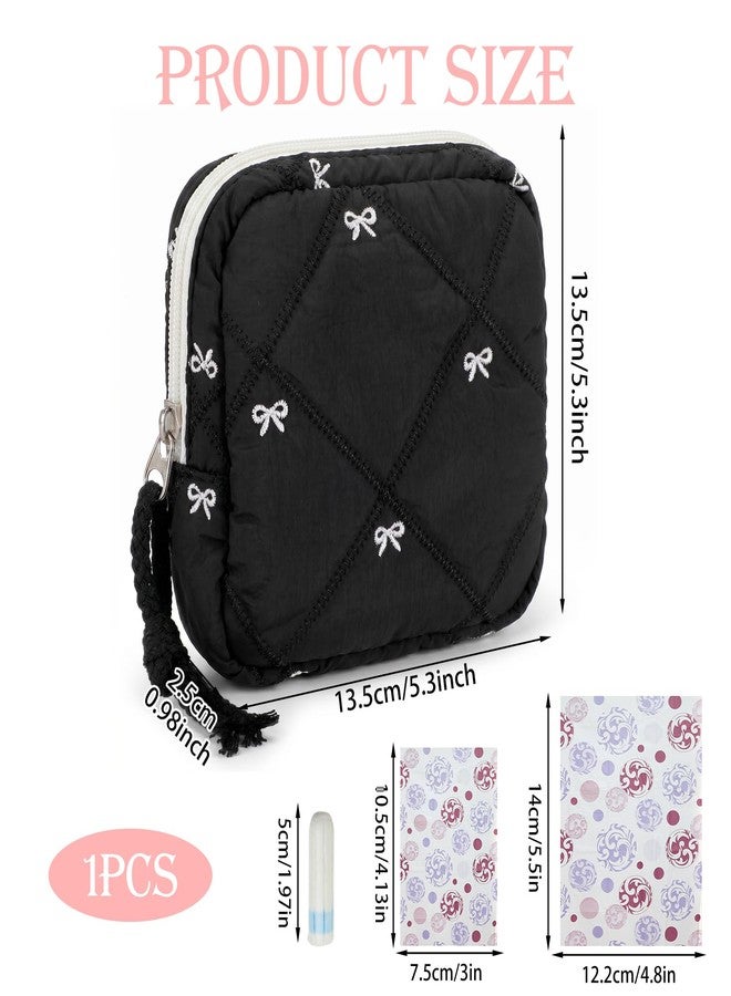 Amaxiu Portable Period Bags for Women, Cute Bow Sanitary Napkin Storage Bag, Period Bag Quilted Tampon Pouch for Purse(Black - Image 3