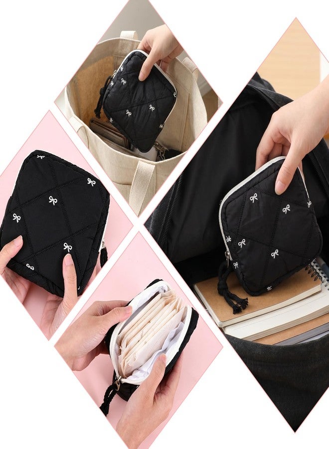 Amaxiu Portable Period Bags for Women, Cute Bow Sanitary Napkin Storage Bag, Period Bag Quilted Tampon Pouch for Purse(Black - Image 4