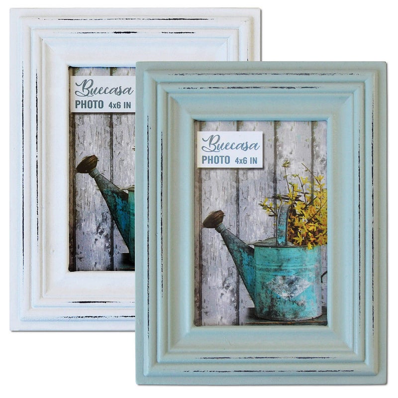 Buecasa Rustic 4x6 Inches Wooden Picture Frame Pack of 2 Vintage Cyan and White in Gift Box  Distressed Wood High Definition Glass Photo Frame Outside 6x8 Inches